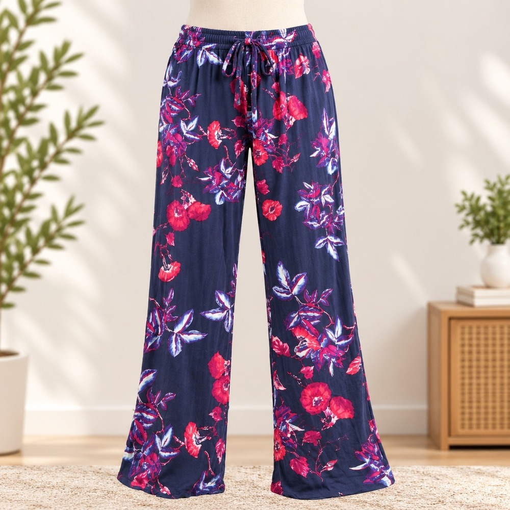 Lady Princess Pajama Pants Womens Medium Navy Blue Floral Lace Trim Sleepwear